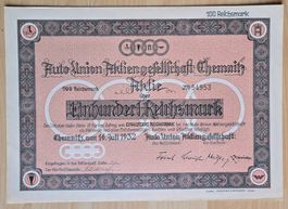 Aktie Auto Union AG Chemnitz 1932 (Audi) EF/UNC UNENTWERTET